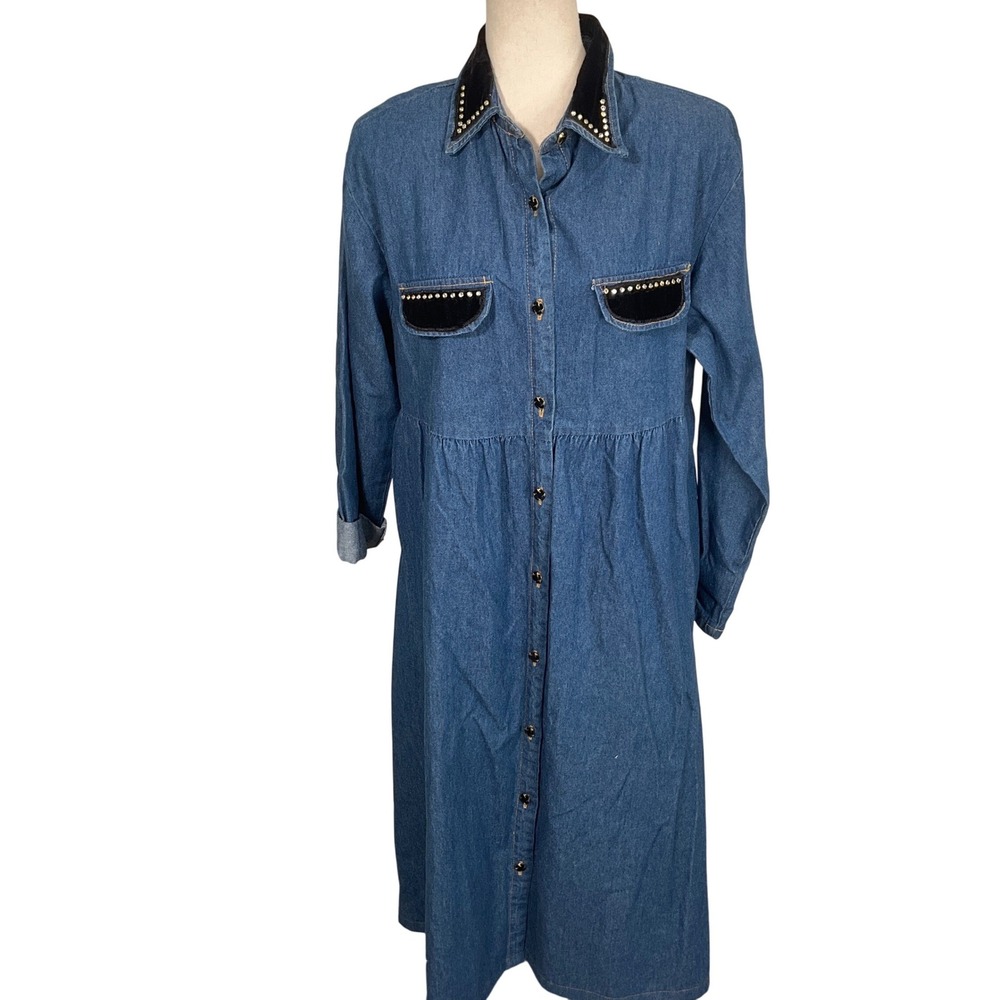 Miss & Mrs Denim Maxi Dress Women 1X Upcycled Blue Velvet Rhinestone